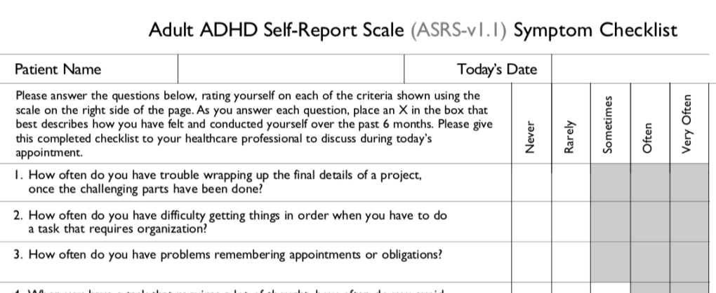 adult ADHD screener test first 3 questions ASRS v1.1
