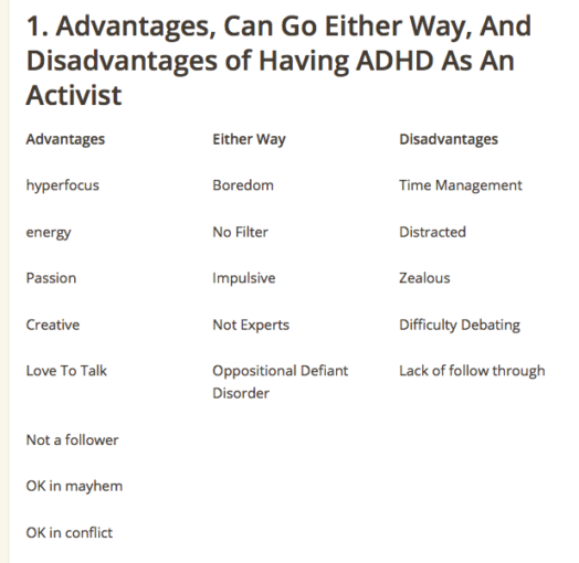 What are the advantages and disadvantages and can go both ways of having ADHD as an activist?